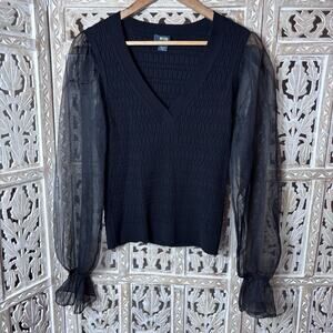 Maeve Anthropologie Sheer Sleeve Sweater Womens Size Medium Black V Neck Organza